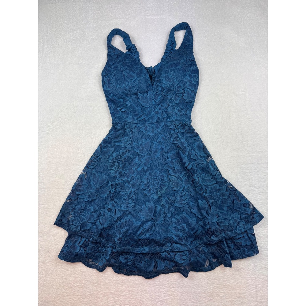 Emerald Sundae Teal Blue Floral Lace Tie Back‎ Fit and Flare Mini Dress Womens S